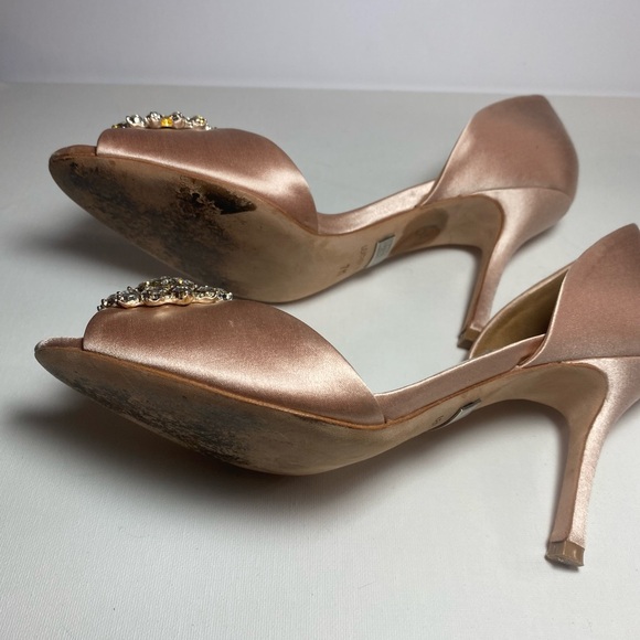 Badgley Mischka Women's Satin Peep-Toe Heels - Champagne with Crystal Features - Picture 6 of 8